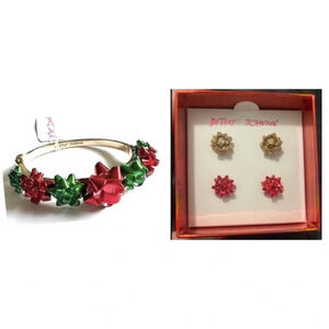 BETSEY JOHNSON SET Christmas Holiday Bows Bracelet & 2 Pair of Earrings NEW NWT